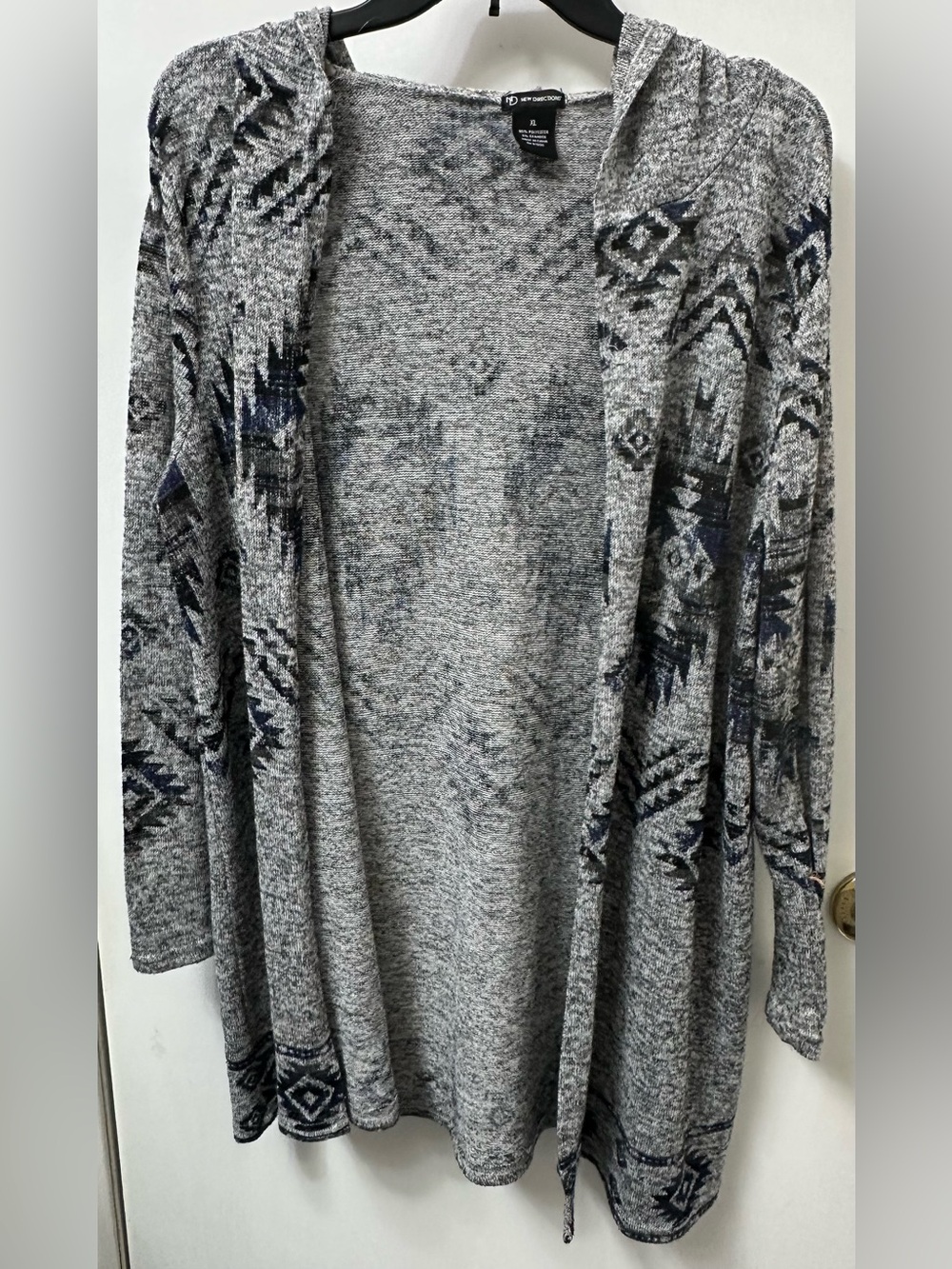 new directions Gray Hooded Open-Front Cardigan with Navy Aztec Accents